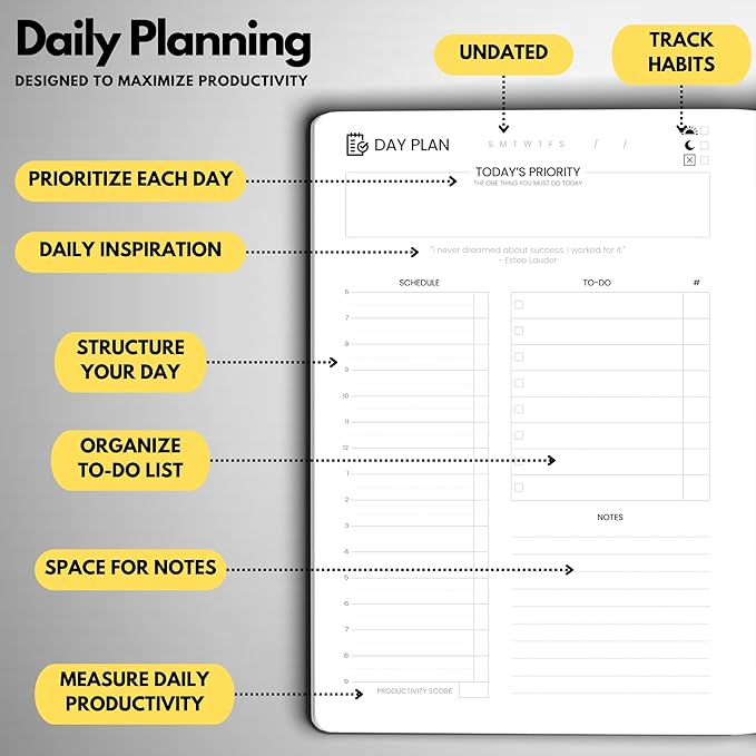 Wyze Planner Undated Daily Planner – 6-Month A5 Productivity Organizer with Full Page Per Day, ADHD Friendly, Hourly Schedule, Goal Setting, Habit Tracker, Weekly & Monthly Pages – Hardcover Time Management Notebook (Gray)