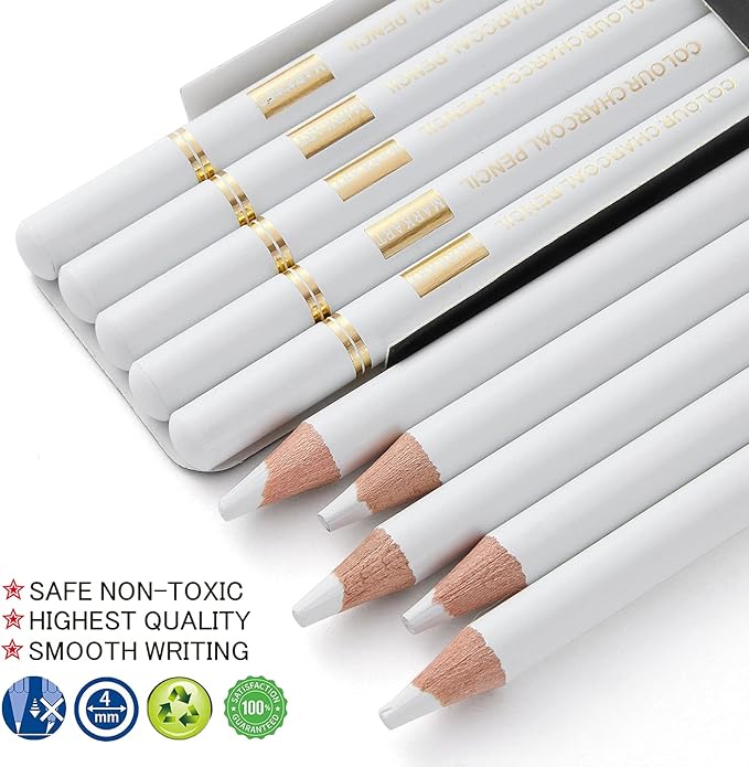 MARKART Professional White Charcoal Pencils Set, 5 Pieces Sketch Highlight Charcoal Pencils for Drawing, Sketching, Shading, Blending, White Chalk Pencils for Beginners & Artists