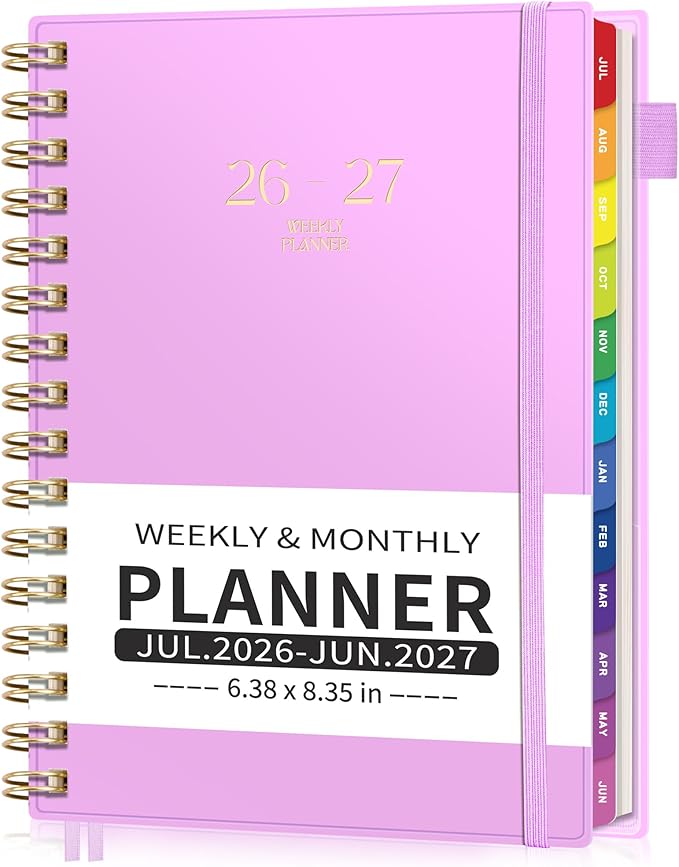EMSHOI Academic Planner 2026-2027, Weekly and Monthly Calendar (July 2026 - June 2027), School Student Teacher Agenda Book, 100GSM Paper, PVC Cover, Colorful Tabs, A5 (6.38" x 8.35"), Purple