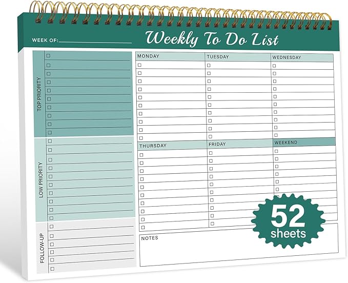 Weekly To Do List Notepad with 52 Undated Sheets（8.5"×11"）- Weekly Desk Planner Pad with Spiral Binding for Women & Man, Office, School and Home Personal Organizer