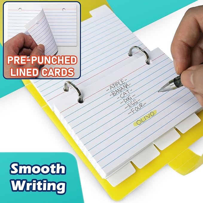 3x5 Lined Index Cards with Ring Binder Holder and Dividers, 100 Ruled Cards, White