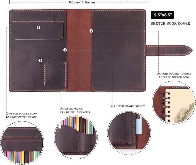 Robrasim Handmade Leather Sketchbook Cover, Leather Artist Sketch Pad Cover for 5.5" x 8.5" Sketchbook, Drawing Book and Pencil Case, Journal Notebook Portfolio, Artis Gifts-Coffee