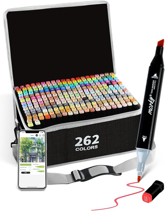 Brled 262 Colors Alcohol Markers with Free App, Chisel & Fine Tip Alcohol-Based Marker Set for Adults, Dual Tip Artist Markers for Drawing, Coloring Illustration, Painting and Great Gift Idea