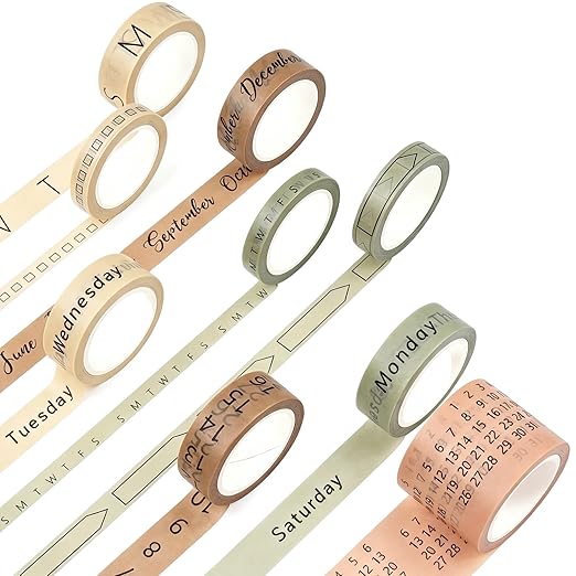 Chuangdi 9 Rolls Calendar Washi Tape Set Day Week Month Number Vintage Calendar Date Washi Masking Tape Decorative Patterned Marking for Arts Crafts Journal Planner (Pink, Green, Brown, Light Brown)