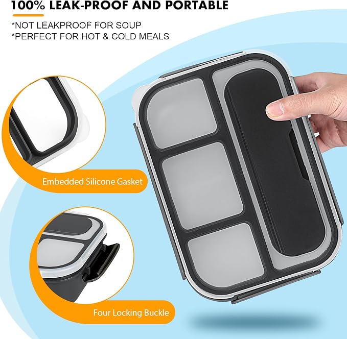 Yumuk Bento Box for Kids 1300ML with 4 Compartment & Cake Cups, Black | Lunch Box Containers for Adults/Kids/Toddler, Leak-Proof, Microwave/Dishwasher/Refrigerator Safe, BPA Free