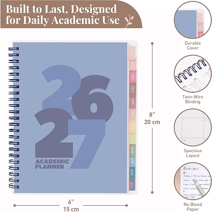 Rileys Academic Planner 2026-2027, Daily, Weekly & Monthly Planner, July 2026 - June 2027, Student Notes Pages, Twin-Wire Binding, Weekly Agenda for School & Work (8 x 6-Inches, Chunky, Blue)