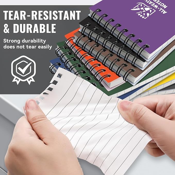 8 Pack Waterproof Pocket Notebook, 3" x 5" Top-Spiral Pocket Notepad