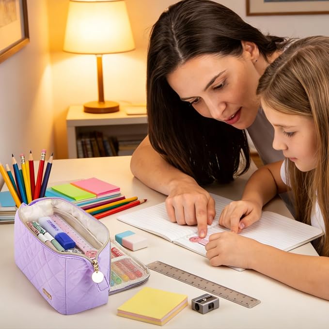 Cute Pencil Case for Girls kids Soft Quilted Pencil Pouch Bag Organizer | Wide Opening Big Marker Crayon Storage Bag Large Double Zipper Art Aesthetic Pen Bag Case Pouch For Kids School College Boys