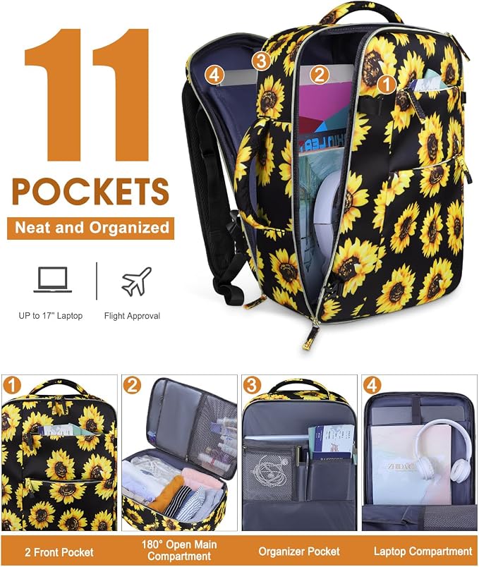 Capolo Travel Backpack for Women Men Waterproof Laptop Backpack Airlines Approved Carry On Backpack Bag Computer Bookbag for Business, Work, Traveling Fits 17 Inch Laptop(Sunflower)