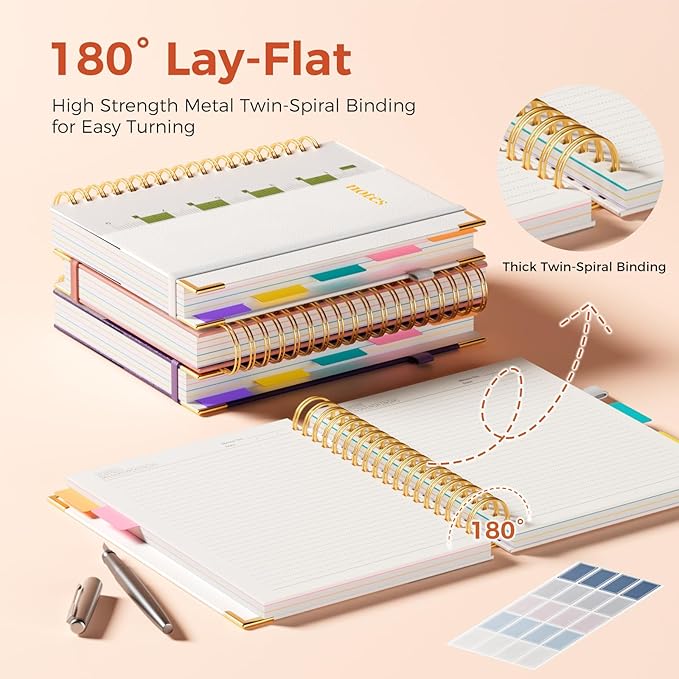 Line Hardcover Spiral Notebook with Removable Dividers Tabs & Ruler, 5 Subject Notebook College Ruled, 300 Page, Large 8"x10" B5 Notebooks for Work School, Lined Journal for Women & Men, White