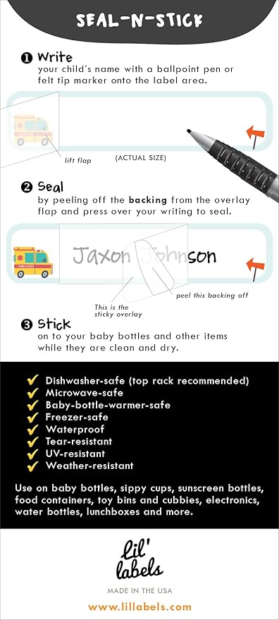 Bottle Labels, Write-On, Self-Laminating, Waterproof Kids Name Labels for Baby Bottles, Sippy Cup for Daycare School, Made in The USA, Dishwasher Safe (Transportation) Boy or Girl