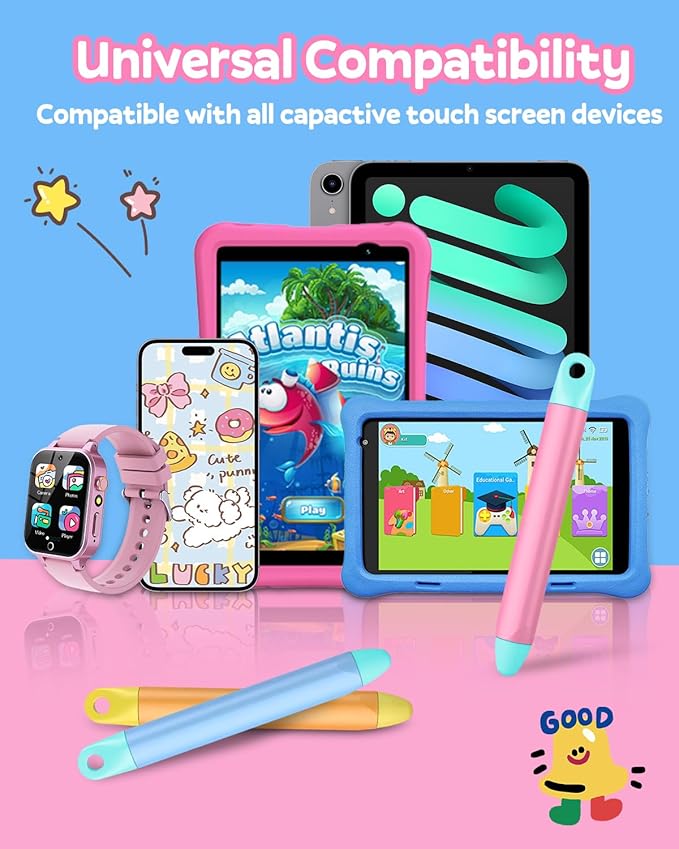 Kid-Friendly Stylus Pen for Touch Screens, 3 Pack Kids Tablet Stylus for iPad, iPhone, Fire Tablet, Fire Kids, Samsung Tablets and All Touch Screen Devices, Safe Stylus Pen for Kids (Only Pens)