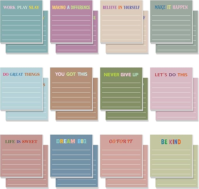 Yinder 24 Pcs Inspirational Sticky Notes Cute Motivational Sticky Notes Pad End of Year Employee Appreciation Gifts Bulk for Teacher Nurse Coworkers Office Supplies 3 x 3'' (Motivational,Morandi)