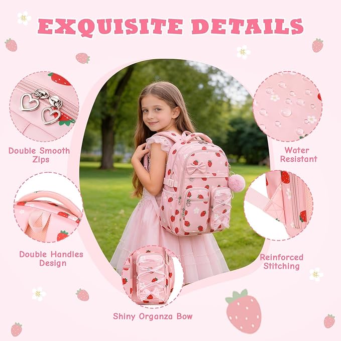 MOONBABY Kids Backpack for Girls, Fits 15.6 Inch Laptop Large Capacity School Bookbag, Girls Backpack with Lovely Pendant, Back to School Bag for Elementary Primary Students Teen Ages 6-12, Pink