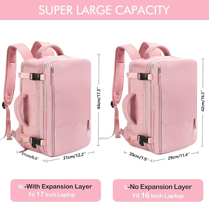 Beraliy Travel Backpack for Women, Airline Approved Bag, Carry On Waterproof Hiking Backpack, 16 inch Laptop Backpack, Overnight Bag, Pink | 16 Inch Laptop Waterproof Hiking Backpack, Casual Outdoor Daypack Bag for College Weenkender Business, Pink