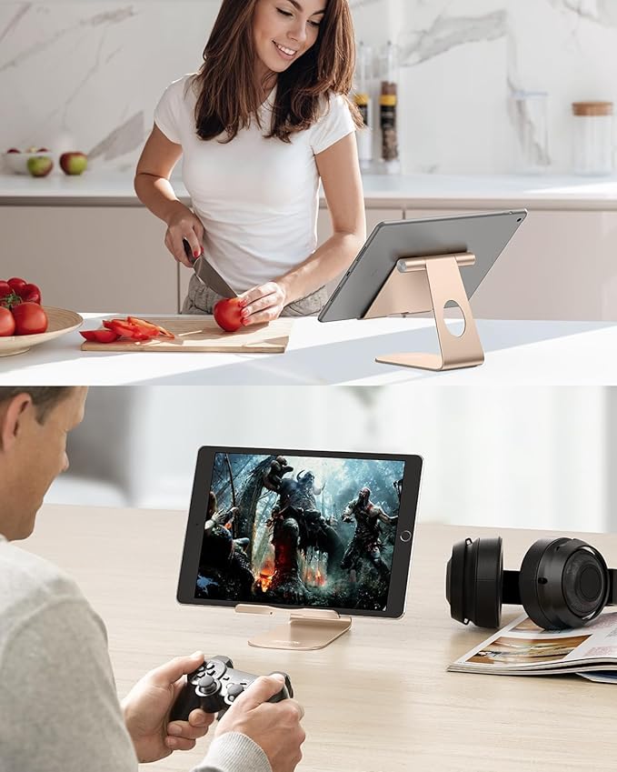 OMOTON Tablet Stand Holder Adjustable, T1 Desktop Aluminum Tablet Dock Cradle Compatible with iPad Air/Mini, iPad 10.2/9.7, iPad Pro 11/12.9, Samsung Tab and More, Gold