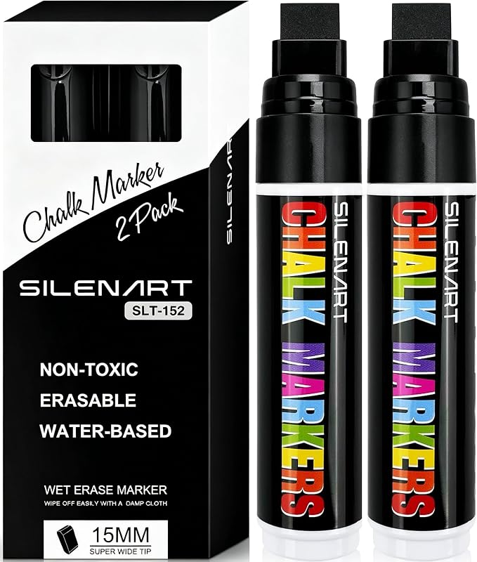 SILENART Black Window Chalk Markers Jumbo Tip, 15mm Car Marker Pen 2 Pcs