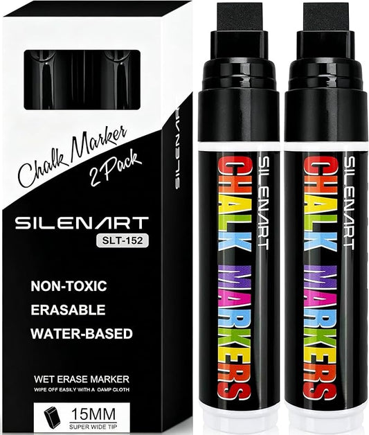 SILENART Black Window Chalk Markers Jumbo Tip, 15mm Car Marker Pen 2 Pcs