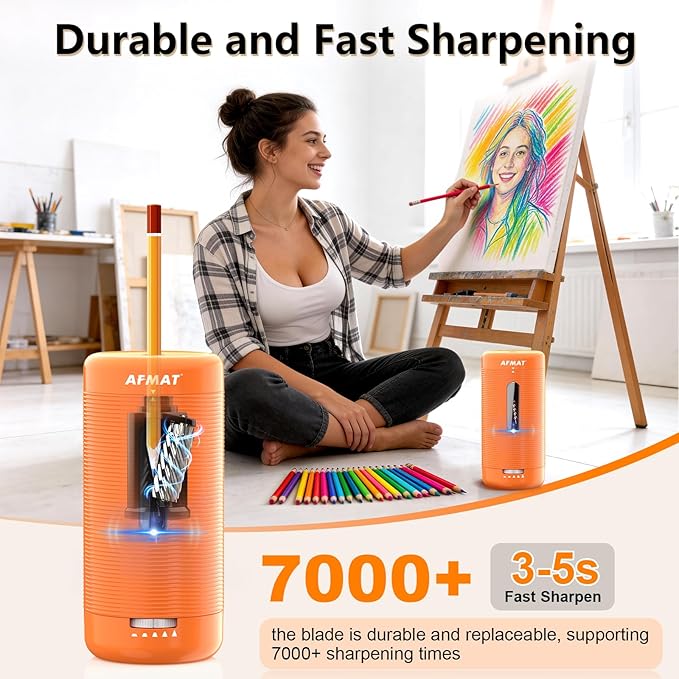 AFMAT Electric Pencil Sharpener, Fully Automatic Pencil Sharpener, Auto in & Out, Rechargeable Hands-Free Sharpeners for Jumbo & Colored Pencils (6.5-12mm), Portable for Home/Classroom/Office PSC2