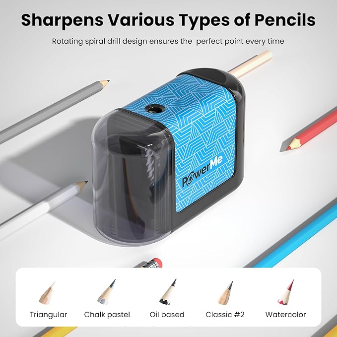 POWERME Electric Pencil Sharpener for Kids, Rechargeable Pencil Sharpeners for Colored Pencils, Suitable for No.2(6-8mm), Home&School
