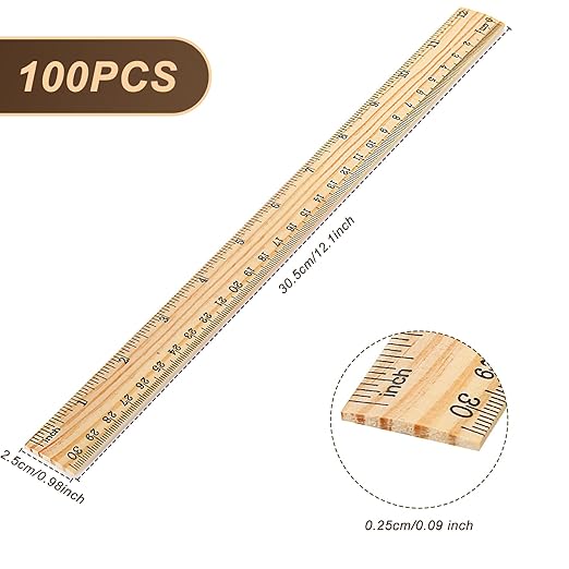 Zonon 100 Pcs Wooden Ruler Bulk Wood Measuring Ruler Office 2 Scale for School Education Families Kids Students (12 Inch)