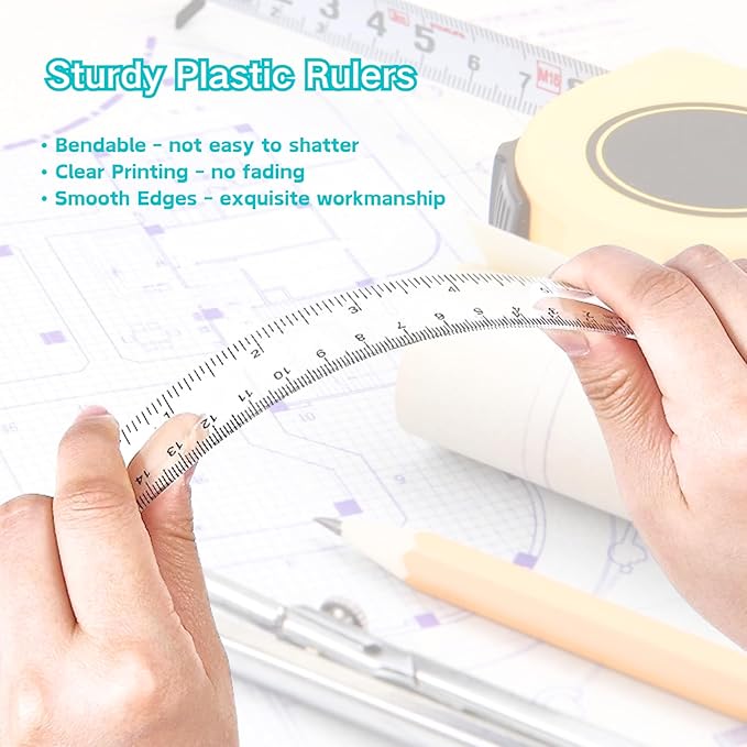 12 Inch Clear Ruler, Kids Ruler, School Ruler, Colored Plastic Rulers, in and cm, Pack of 7