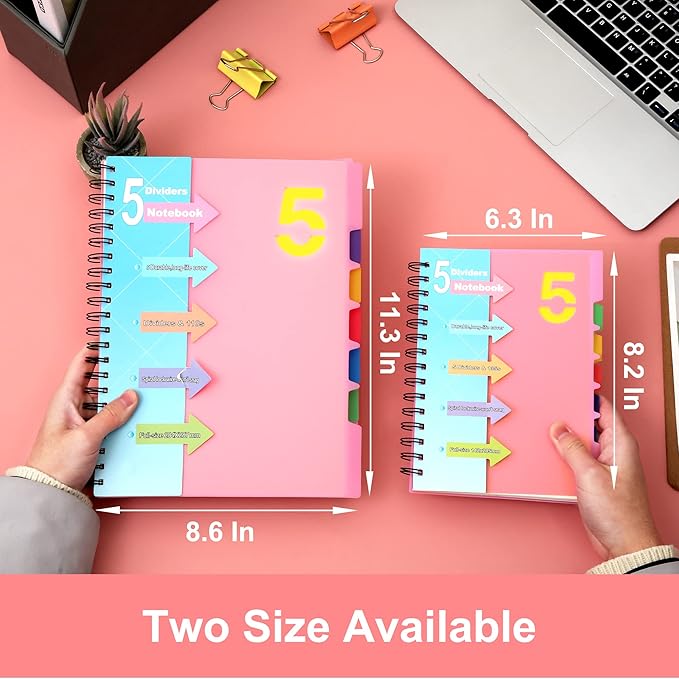 CAGIE 5 Subject Notebook 8.5 x 11，A4 Spiral Notebooks College Ruled Spiral Notebook with Dividers Tabs，220 Pages Lined Spiral Notebook for Note Taking, School, Work, Pink