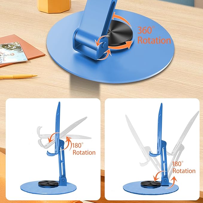 Universal Metal Cell Phone Stand, Multi-Angel Adjustable 360° Rotation Non-Slip Metal Phone Stand Compatible with iPhone 17 16 Pro Max and All Smartphones (Blue&Blue)