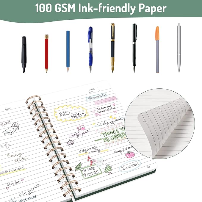 Forvencer Lined Spiral Journal Notebook with 300 Numbered Pages, A5 Thick Journals for Writing with 100GSM Paper, Hardcover Notebooks with Contents for Work, School, Women, Men, Dark Green