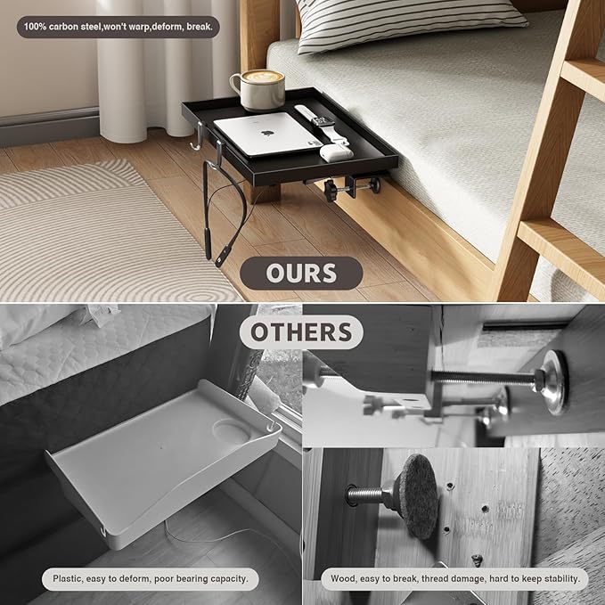 Magheo Bedside Shelf Foldable, Metal Clip-On Bunk Bed Table Shelf for Top Bunk Heavy Duty Bed Side Table Tray for College Dorm Room Essentials, Loft Nightstand Organizer Tray with 1 Cord Hole(Black)