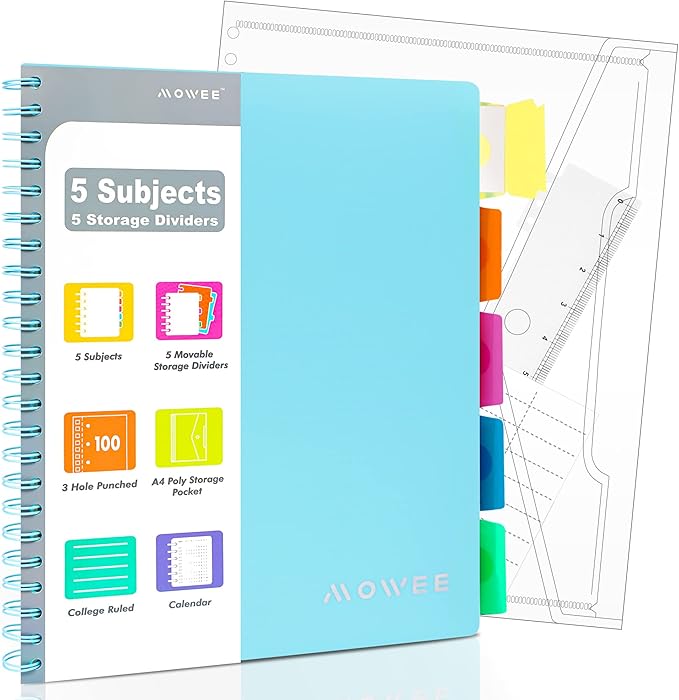 Spiral Notebook - 5 Subject Notebook, College Ruled Notebook 3-Hole Punched With Dividers, Storage Pockets, 11" Ruler, 200 Pages, for Writing Journal, Home &Office, School Supplies, A4, Baby