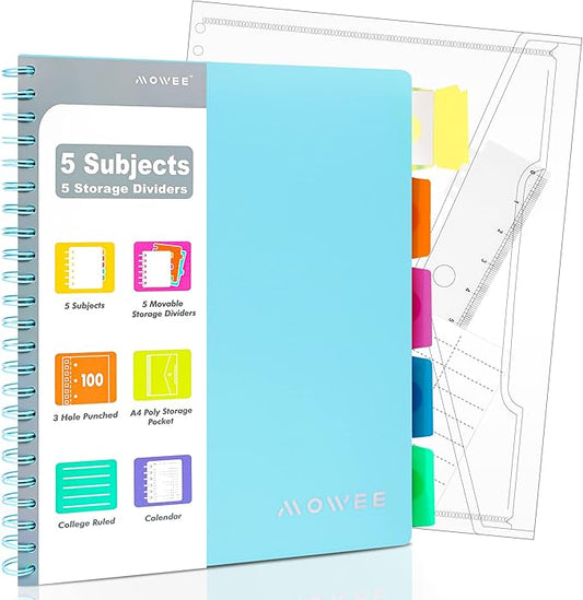 Spiral Notebook - 5 Subject Notebook, College Ruled Notebook 3-Hole Punched With Dividers, Storage Pockets, 11" Ruler, 200 Pages, for Writing Journal, Home &Office, School Supplies, A4, Baby