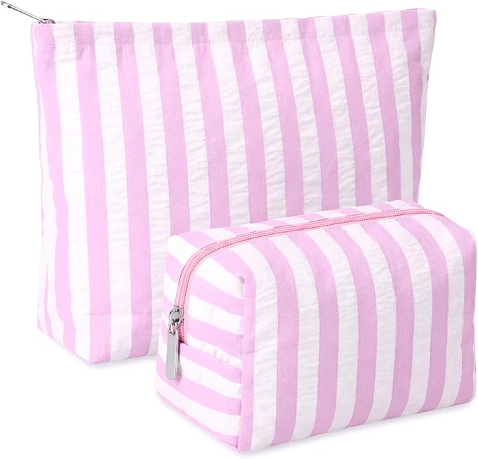 Huhumy 2 Pcs Makeup Bag Set for Women, Pink, Wide Striped Seersucker | Cute Cosmetic Pouch Women Travel Toiletry Bag Preppy Small Makeup Purse Pouch Aesthetic Skincare Brushes Storage Organizer