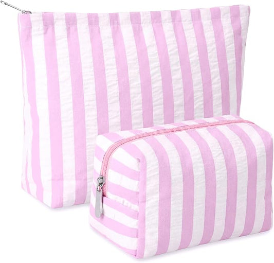 Huhumy 2 Pcs Makeup Bag Set for Women, Pink, Wide Striped Seersucker | Cute Cosmetic Pouch Women Travel Toiletry Bag Preppy Small Makeup Purse Pouch Aesthetic Skincare Brushes Storage Organizer