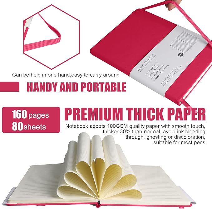Lined Journal Notebook, 10Pack Hardcover Notebook for Men & Women – Journals for Writing, Work, School, Home & Daily Notes, 160 Pages – Medium A5, 5.7"x8", 100 gsm Thick Paper (Rose Red)