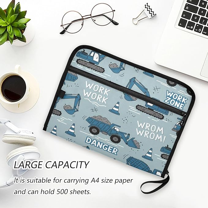 Construction Machines Truck 13 Pocket File Organizer Expanding File Folder with Front Pouch Portable Business File Storage Document Organizer Folder with Zipper