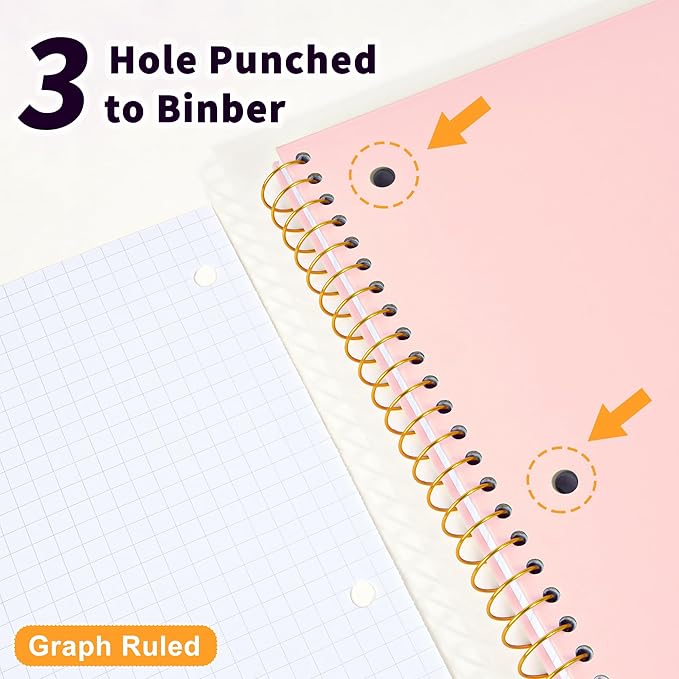 Spiral Notebook Graph Ruled Paper 8" x 10 1/2", 1 Subject Spiral Grid Notebook 3-Hole Punched Perforated Page Ideal for School, Office, Writing, 95 Sheets Lined Journaling Graphing Notebook, Pink