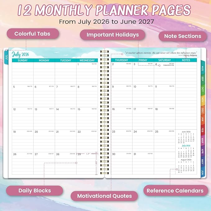 Teacher Planner 2026-2027 - Teacher Lesson Planner, July 2026 - June 2027, 9" x 11", 2026-2027 Academic Planner Weekly and Monthly, Lesson Plan Book for Teachers, Colorful Tabs, Inner Pocket, Clipboard
