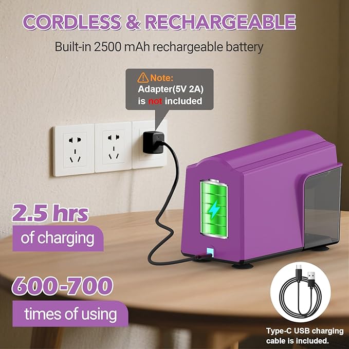AFMAT Electric Pencil Sharpener for Classroom, 6 Holes, Cordless & Rechargeable, Super Fast, Auto Stop, 10K+ Uses, Heavy Duty Pencil Sharpener for 6-11mm No.2/Large/Colored Pencils PSD4(Purple)