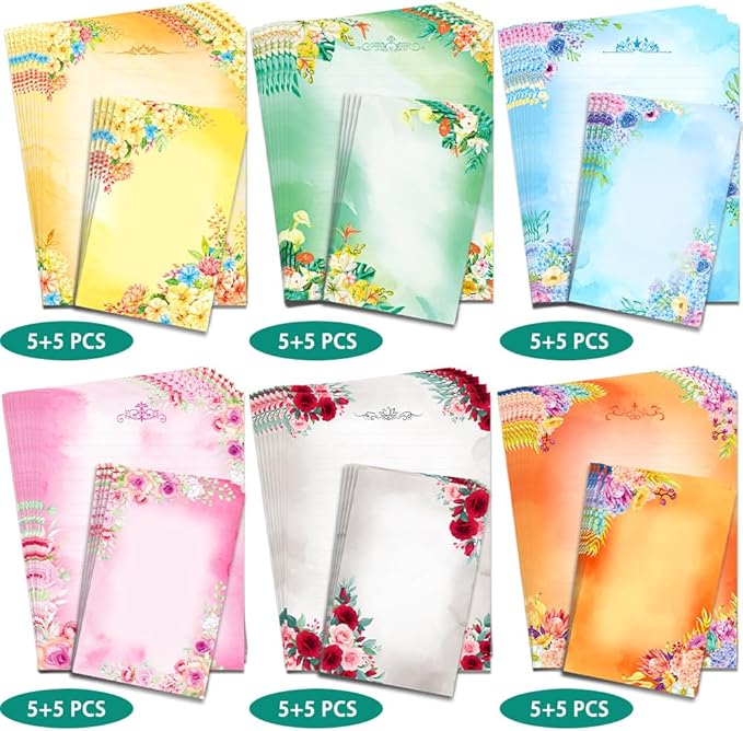 Anzon Mories A4 60 Pieces Cute Stationary Writing Paper and Envelope Set (2 Sides Colored, 1 Side Lined) 30 Sheets, 30 Pcs Envelopes, Kawaii Letter Stationery Floral Decoration