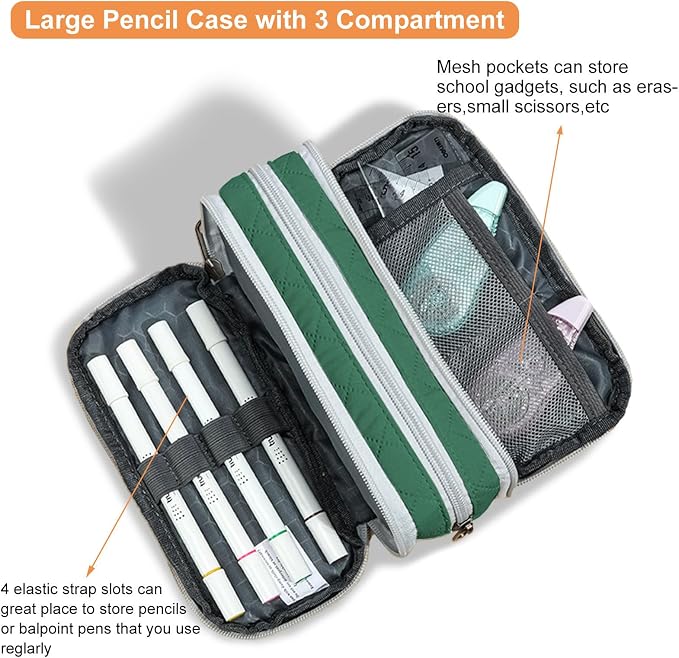 Della Gao Large Pencil Case, Big Capacity Pencil Pouch with 3 Compartments | Office Pencil Bag with Zipper, Big Pen Case for Adults (01-3ALLG)