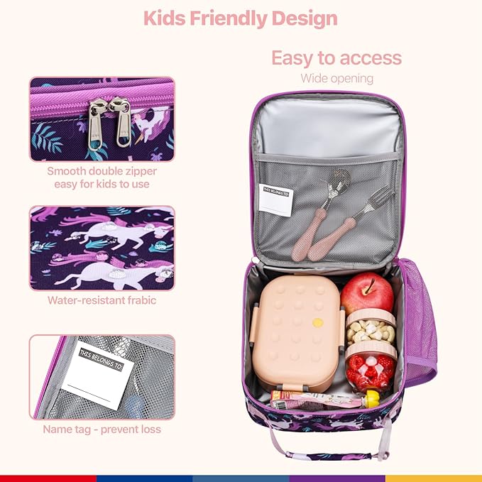 Bagseri Kids Lunch Box for Girls - Insulated Toddler Lunch Bag Fits Bento Box, Reusable Daycare Cooler Tote with Clip Handle, Water-Resistant Lining, Deep Purple Unicorn