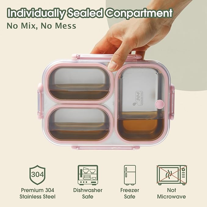 Kabbas Stainless Steel Bento Box Kids & Adults - 25 oz Leakproof Lunch Box with 3 Compartments, Premium 304 Stainless Steel Lunch Box for Kids, Dishwasher Safe, Suitable for School, Office, Outside