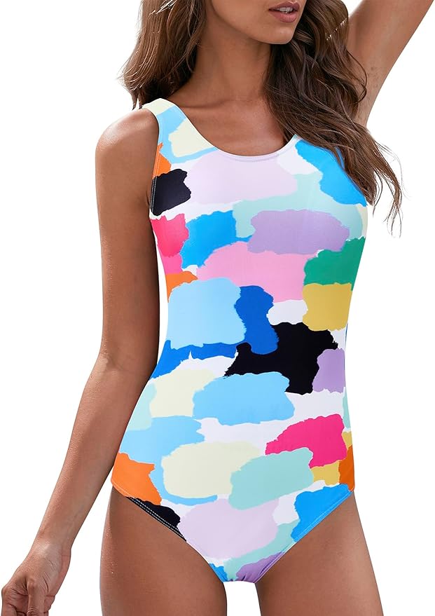 Modest Full Coverage One Piece Swimsuit Floral Bathing Suit Criss Cross Back Swimwear with Built-in Bra