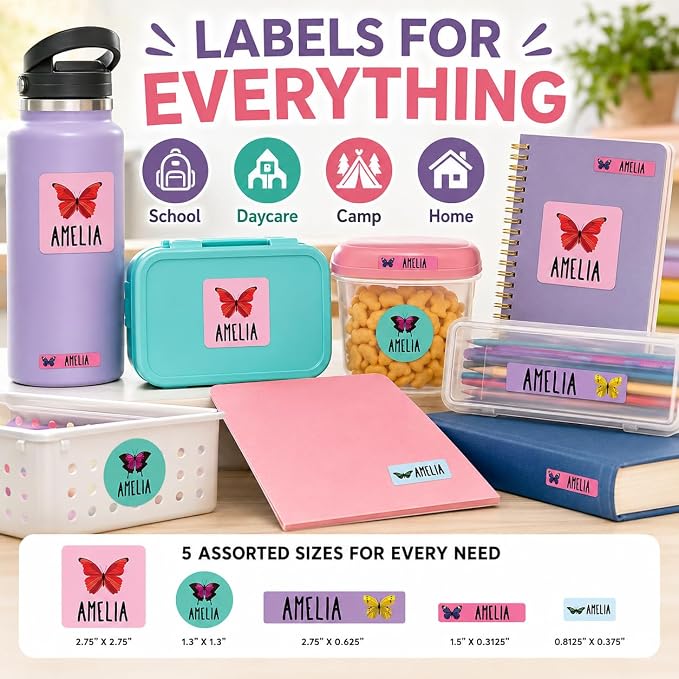 Andaz Press Custom Personalized Waterproof School Name Labels, Butterflies, 120-Pack, Kids Labels Combo Pack, Customizable Multi-Use Name Stickers for Preschool, Daycare, Back to School Supplies
