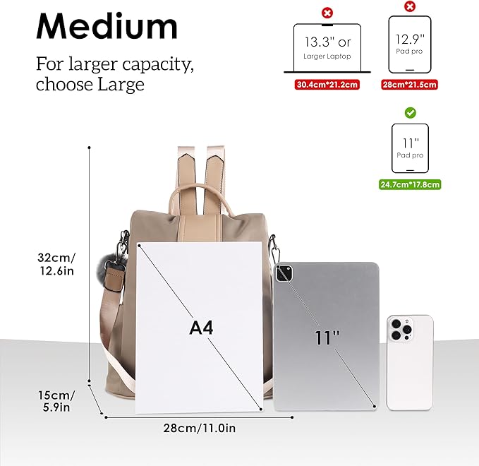 PINCNEL Women Khaki Medium Backpack Purse Waterproof Nylon Anti-theft Rucksack Lightweight Shoulder Bag