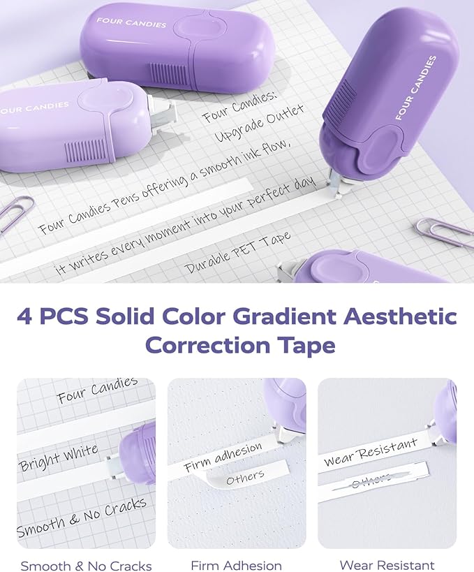 Four Candies Purple School Supplies, Gel Pens with Black Ink,Correction Tapes,Pastel Highlighters, Mechanical Pencils, Sticky Notes, Index Post for Bible Study Stationary College Essentials