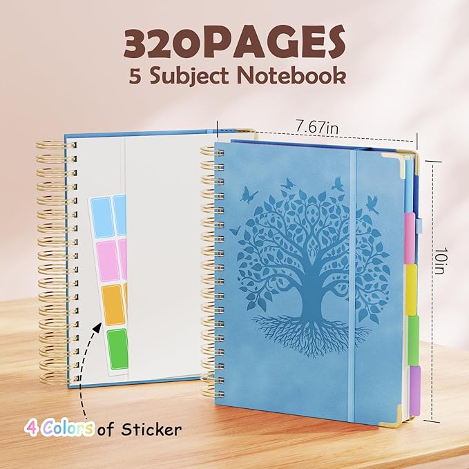 QIYVLOS Hardcover Spiral Notebook, B5 Journal with Removable Dividers Tabs, 5 Subject Notebook College Ruled, 320 Pages 8"x10" Leather Notebooks for Work School Study, Lined Journal for Women, Blue