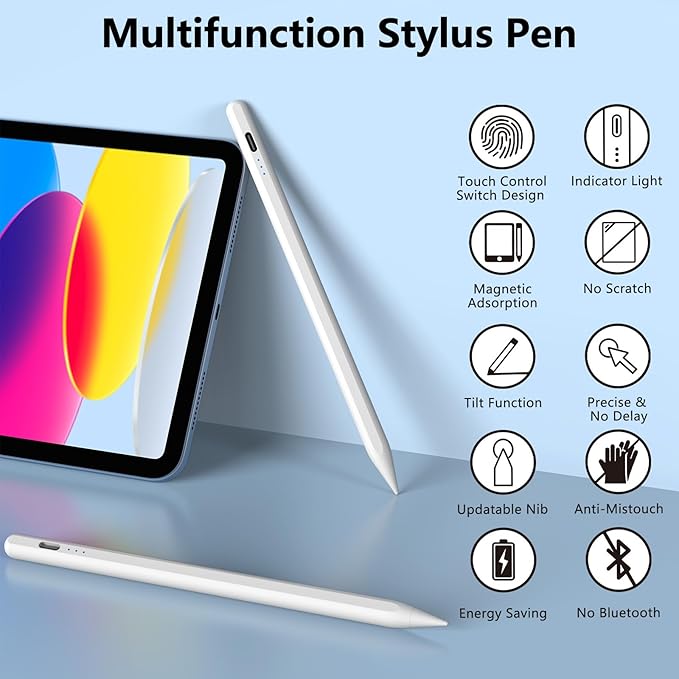 Stylus Pen for iPad 2018-2025 with Palm Rejection, Active Pencil for iPad 10th/9th/8th/7th/6th Generation, for iPad Pro 11/12.9 inch, for iPad Air 5th/4th/3th Gen, for iPad Mini 6th/5th Gen (White)