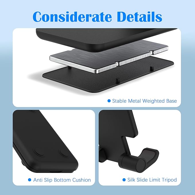 Cell Phone Stand, Adjustable Angle and Height Cell Phone Holder for Desk, Foldable and Portable, Anti-Slip Silicone Pad, Compatible with All Mobile Phones and 4-8 Inch Devices (Black&Black)